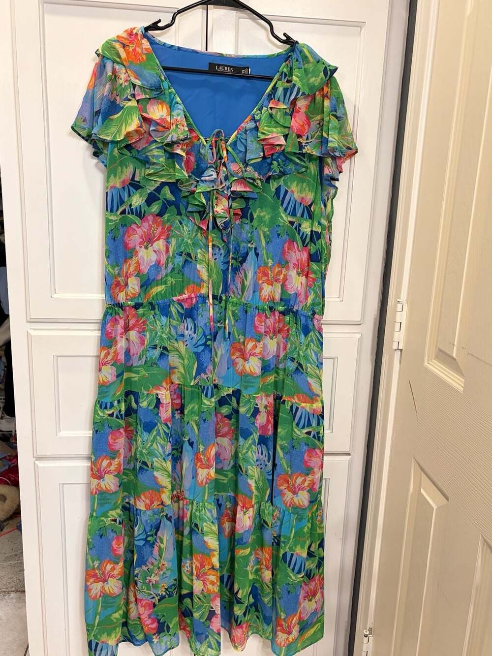 Lauren Ralph Lauren 20W Tropical Floral Ruffle Maxi Dress NWT Plus Size